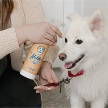 Waterless dog shampoo bottle in hand, blue towel being held
