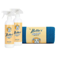 Waterless dog shampoo bottles with blue dry towel roll bundle set