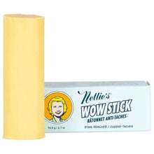 Stain remover stick with light yellow cylinder and light blue Nellie's Wow Stick label