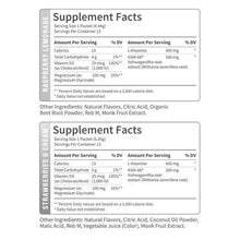 Supplement Facts label for calming drink mix packets, showing servings and ingredients
