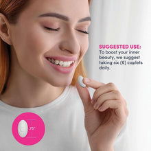 Woman holding an oval caplet from a collagen supplement, suggested daily use