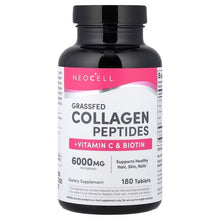 Grassfed collagen peptides supplement bottle, Vitamin C & biotin, 180 tablets label