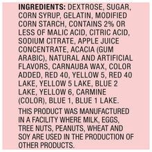 Ingredients label for gummy candy listing dextrose, gelatin, and corn syrup