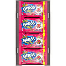 Four pink share-pouch packages of Nerds Gummy Clusters rainbow gummy candy