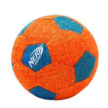 Orange and blue textured squeak soccer ball with Nerf Dog logo.
