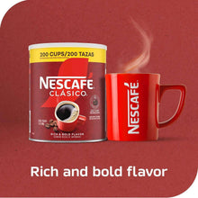 Nescafé Clasico instant coffee canister with red coffee mug