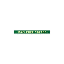 Instant coffee label strip reading 100% pure coffee in green.