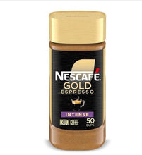 Nescafe Gold Espresso instant coffee jar, dark label with gold lid