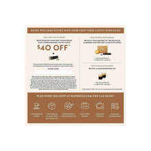 Promotional offer card for coffee purchases with discount and gift details