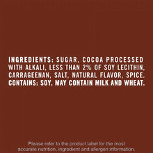 Chocolate powder drink mix label with ingredients text panel