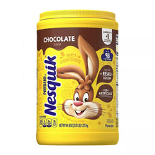 Nesquik chocolate powder drink mix container, yellow tub with rabbit label