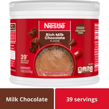 Hot cocoa mix can with Rich Milk Chocolate label, cocoa foam and chocolate pieces