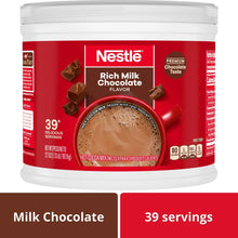 Hot cocoa mix can front, Rich Milk Chocolate flavor, chocolate pieces, 39 servings