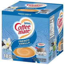 French vanilla Coffee-mate creamer tub box with 180 single-serve portion details