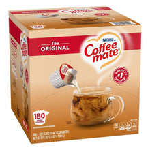 Nestle Coffee-mate Original creamer singles box, 180 count, ready to pour.