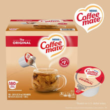 Coffee-mate Original creamer singles box front with cup and pour sample.