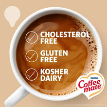 Coffee-mate creamer in cup with cholesterol-free, gluten-free, kosher dairy badges.