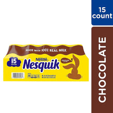 15-count chocolate low-fat milk carton, Nesquik front with bar code.