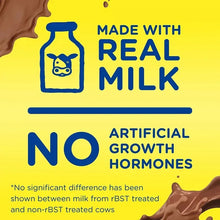 Real milk claim and no artificial growth hormones text on chocolate milk.