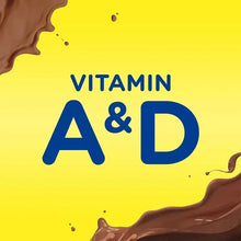 Vitamin A and D graphic with chocolate milk splash accents.