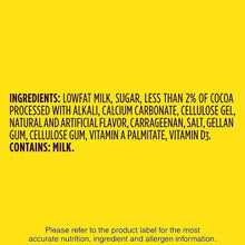 Ingredients label for lowfat chocolate milk bottles, list panel.