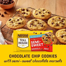 Semi-sweet chocolate morsels bag with chocolate chip cookies on a wire rack