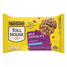 Nestle Toll House milk chocolate morsels front package with barcode and chocolate chunks