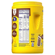 Chocolate drink mix container back label with nutrition facts and icons