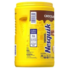 Chocolate drink mix container side label with barcode and Nesquik branding