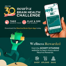 Neuriva brain health challenge poster with phone app screenshot and Wellness Rewards