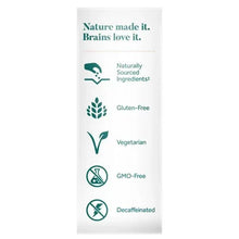 White supplement pouch with gluten-free, vegetarian, GMO-free, and caffeine-free icons