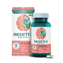 Neuriva brain health supplement bottle with 45-capsule box, teal liquid and cap