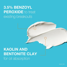 White cream mask illustration showing 3.5% benzoyl peroxide and clay for oil absorption