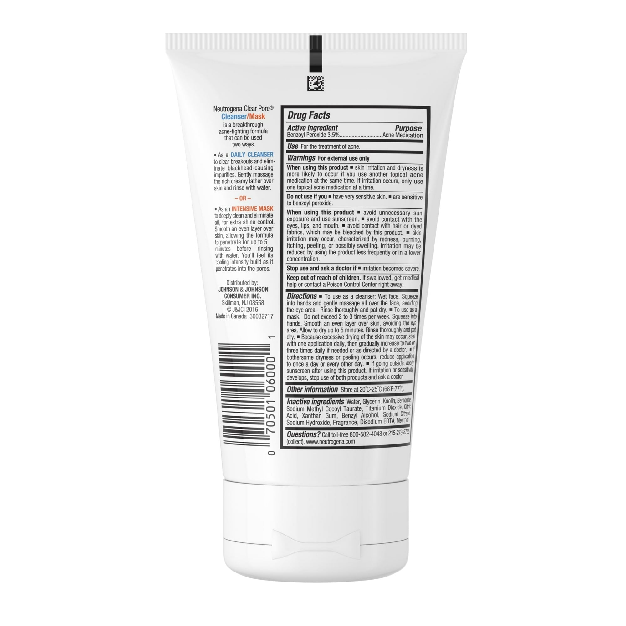 Neutrogena Clear Pore 3.5% Benzoyl Peroxide Face Wash & Acne Treatment Mask, 4.2 fl oz