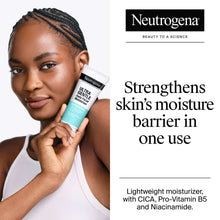 Neutrogena Ultra Gentle daily facial moisturizer tube held near a model’s face.