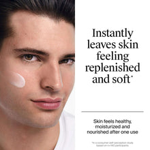 Facial moisturizer applied to cheek on a model, softening and replenishing panel.
