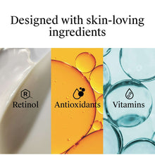 Anti-aging moisturizer ingredient panels with retinol, antioxidants, and vitamins icons