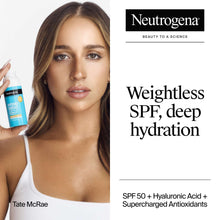 SPF 50 hyaluronic acid face moisturizer bottle held near model’s cheek and shoulder.