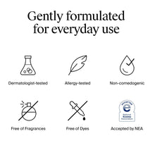 Skincare certification icons for dermatologist-tested, allergy-tested, and fragrance-free