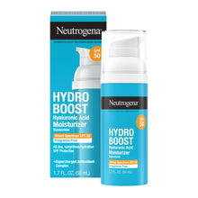 Hydro Boost face moisturizer lotion SPF 50 bottle with blue label and white pump cap.