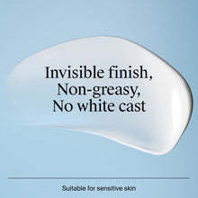 SPF 50 face moisturizer illustrated as smooth white swatch labeled no white cast.