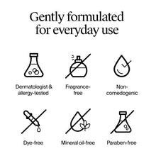 Everyday-use face moisturizer SPF 50 with icons for fragrance-free and non-comedogenic.
