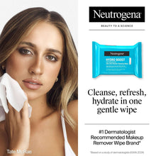 Neutrogena Hydro Boost wipes shown with woman using a wipe on cheek
