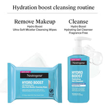 Hydro Boost cleansing routine showing micellar wipes package and hydration gel cleanser bottle