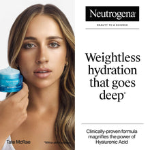 Face water gel moisturizer jar held near cheek; lightweight hydration product display
