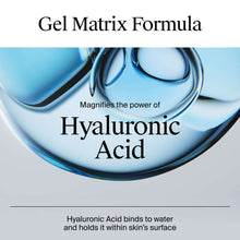 Water gel matrix featuring hyaluronic acid and blue gel swirl droplets