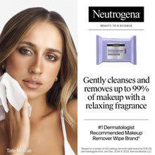 Neutrogena makeup remover cleansing wipe with woman holding it near her cheek.