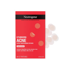 Neutrogena stubborn acne ultra-blmish patches box with 24 hydrocolloid patches.