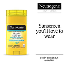 Neutrogena Beach Defense sunscreen stick, yellow base, SPF 50+ sun protection