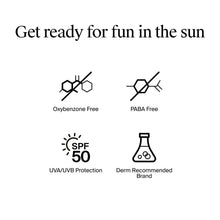 Sunscreen benefits icons: SPF 50, UVA/UVB protection, oxybenzone and PABA free